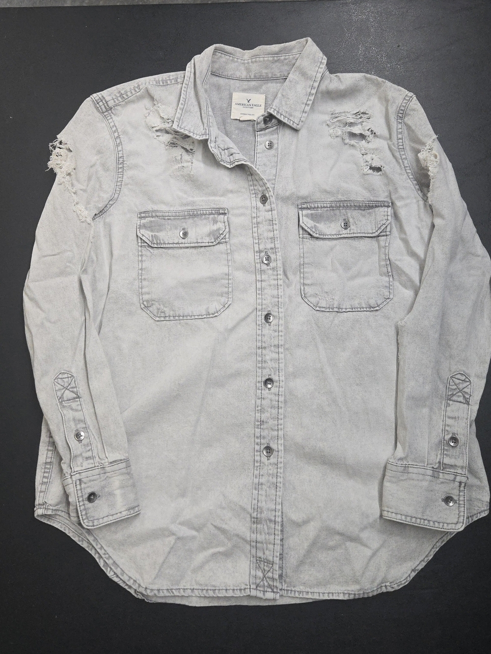 American Eagle Outfitters Distressed Light Gray Button-Down Oversized Shirt